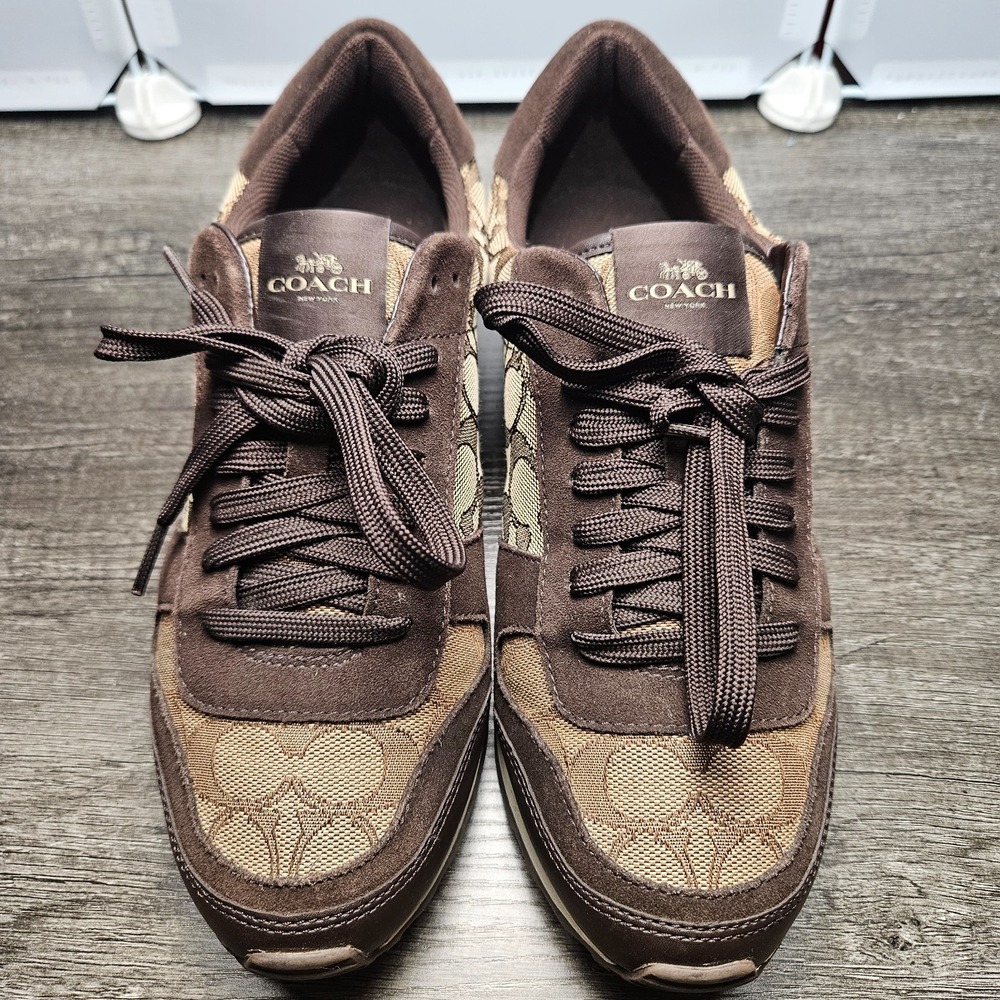 Coach Brown Signature Jacquard Leather Trim Sneakers Women's Size 8B